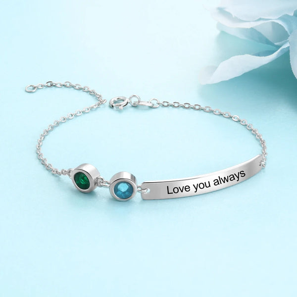 Personalized Bar Bracelets & Bangles with 2 Birthstones Custom Engraved NamePlate Bracelets