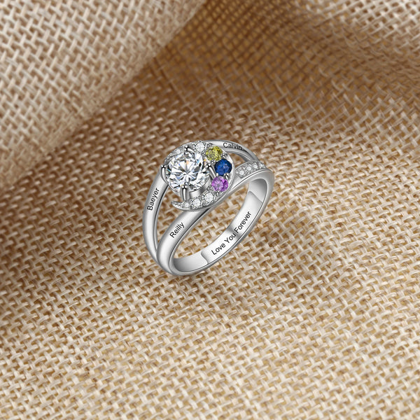 Personalized Birthstone Moon Rings for Women Customized 2-4 Name