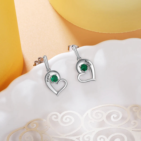 Personalized Birthstone Tilted Heart Drop Earrings Couple's Custom Name Engraved Stud Earrings