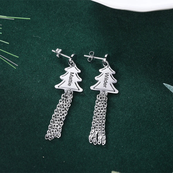 Personalized Christmas Tree Tassel Earrings Customized Name Engraved Drop