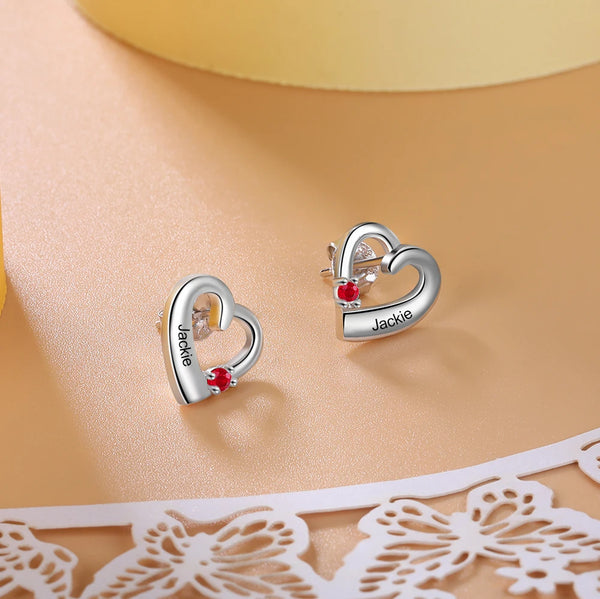 Personalized Name Engraved Heart Stud Earrings with Birthstone