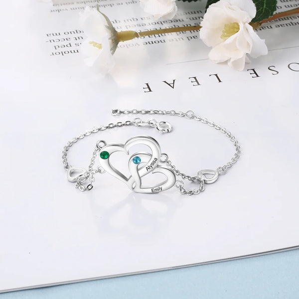 Personalized Intertwined Heart Bracelet with Birthstone Women