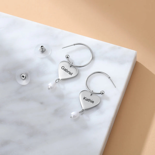 Designer Personalized Name Engraved Heart Drop Earrings