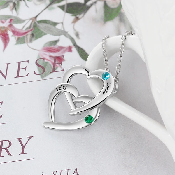 Personalized 925 Sterling Silver Interlocking Heart Necklace