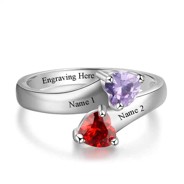 Personalized Promise Rings Heart Birthstone Custom Engrave 2 Names 925 Sterling Silver