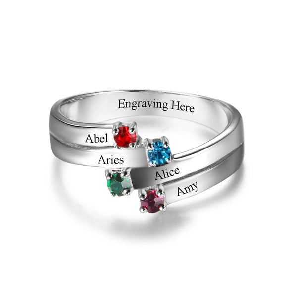 Anniversary Family Ring Engrave Names Custom 4 Birthstone Ring 925 Silver