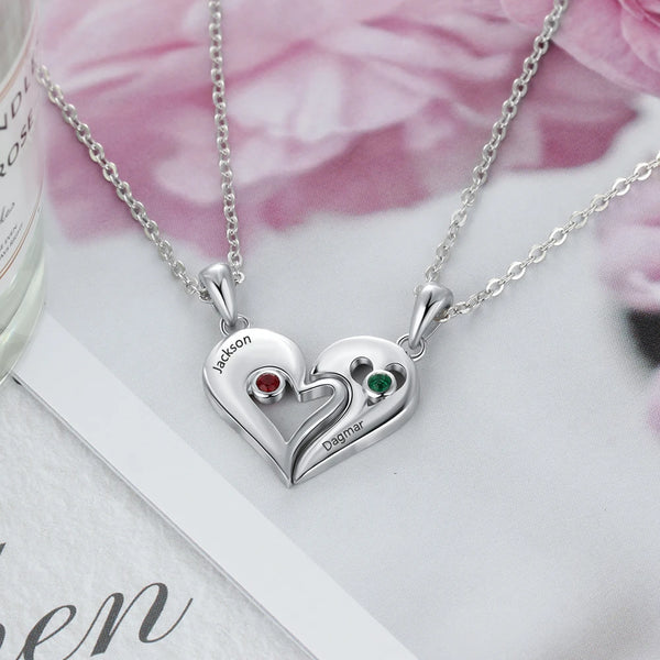 2 Pcs/ Set Merge Heart Shape Name Necklace Personalized Birthstone Silver Color Necklaces