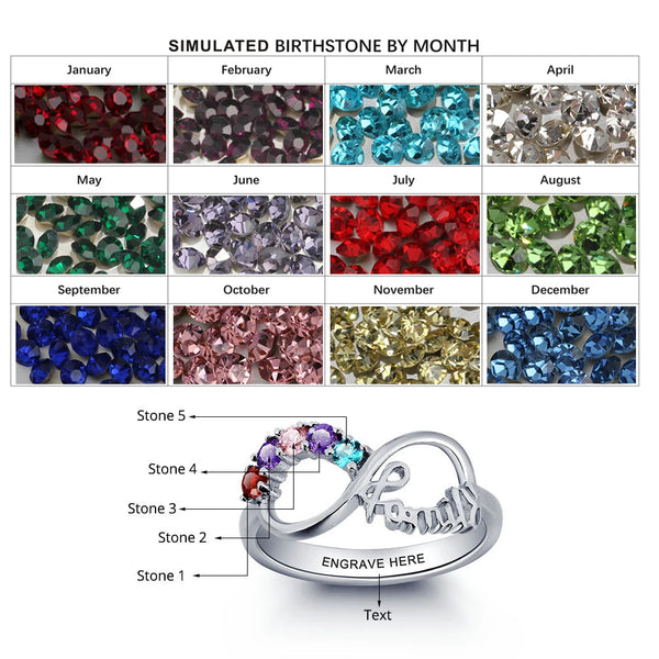 Personalized Engrave Birthstone Infinity Family Jewelry 925 Sterling Silver ring