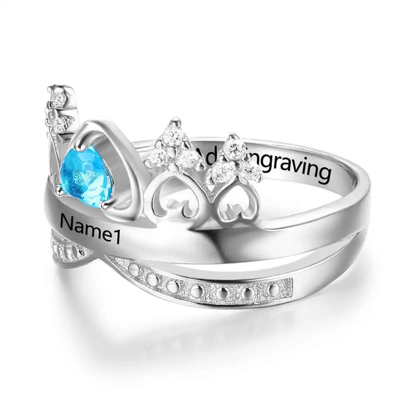 Heart Crown Birthstone Ring 925 Sterling Silver Wedding Rings Engrave Name