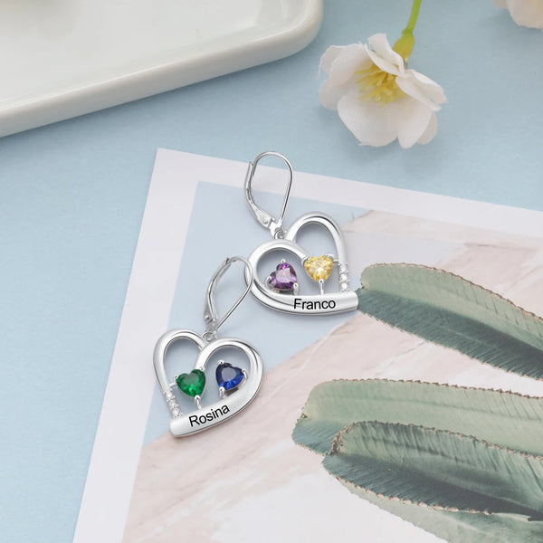 Classic Personalized Heart Earrings with 4 Birthstones Customized 12 Colors