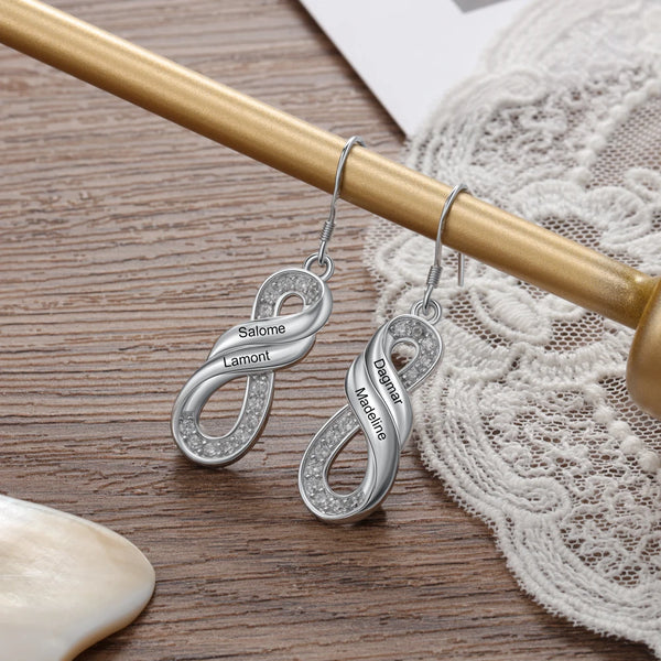 Customized Engraved Family Names Infinity Earrings with Zirconia