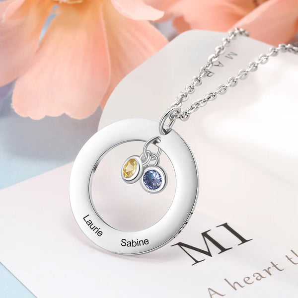 Personalized Stainless Steel Circle Necklace with 1-3 Birthstones Custom Name