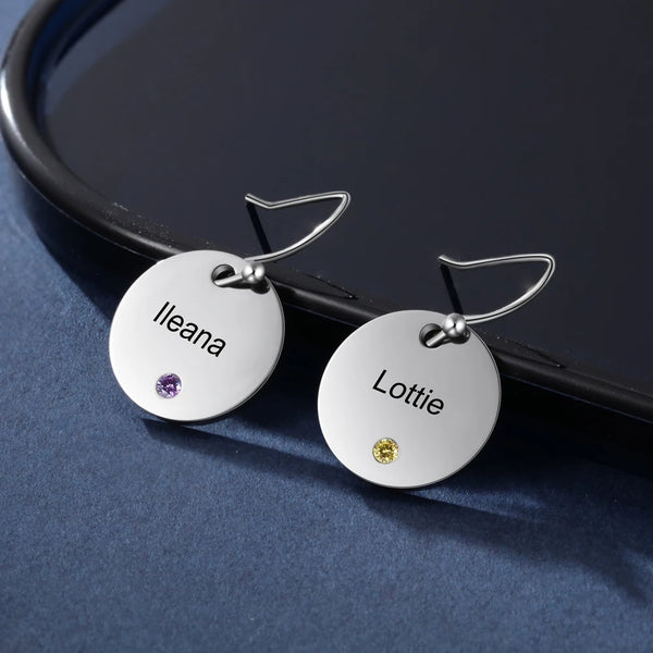 Personalized Name Earrings with 2 Birthstones Custom Engraving Name