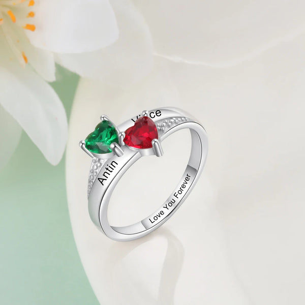 Rings with 2 birthstones in the shape of a heart, a personal gift in silver