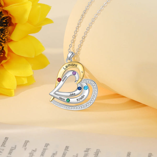 Customized 1-5 Birthstones Names Love Heart Pendant Neck-lace