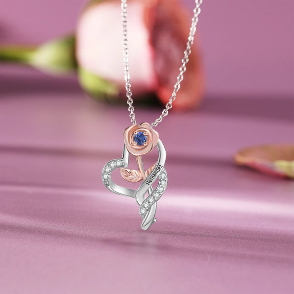 Personalized Rose Flower Pendant with Birthstone Custom Name