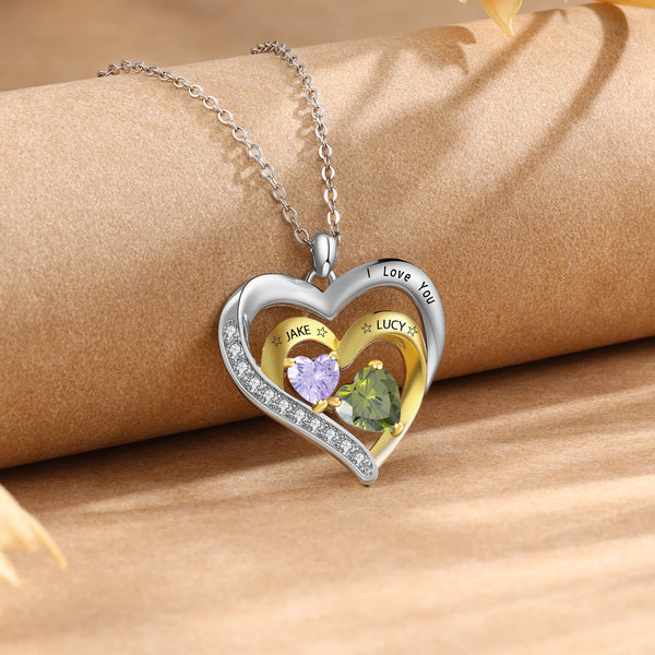 Personalized Gold Silver Color Heart Pendant Neck-lace with 1-3 Birthstones