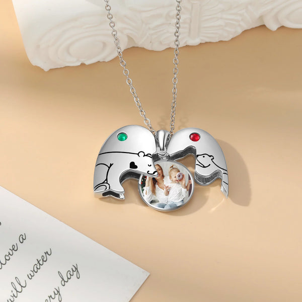 Personalized Mom Baby Heart Cute Bear Pendant Necklace with Birthstone Customized Photo Necklace Gifts for Mother