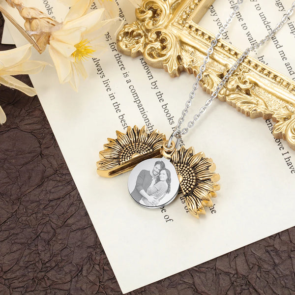 Personalized Sunflower Photo Necklace Customized Name Engraved Locket Pendants for Women